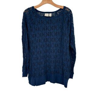 Chico's 3 Blue  Long Sleeve Pullover top shirt stretch knit lace Size XL